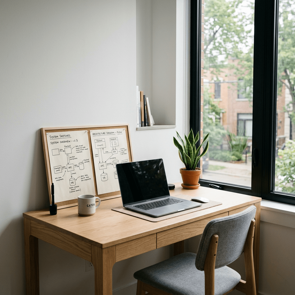 Current image: Home office desk with laptop, plant, whiteboard sketches, and coffee mug